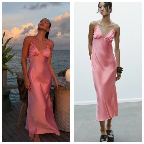 NWT Zara Pink Satin Halter Low Back Midi Slip Dress Size Small 2454/331 Wedding - Picture 1 of 14